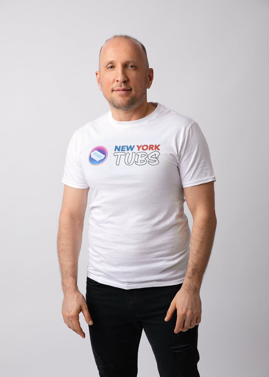 Artem Tugbaev, founder of CityTub Inc., in a New York Tubs t-shirt